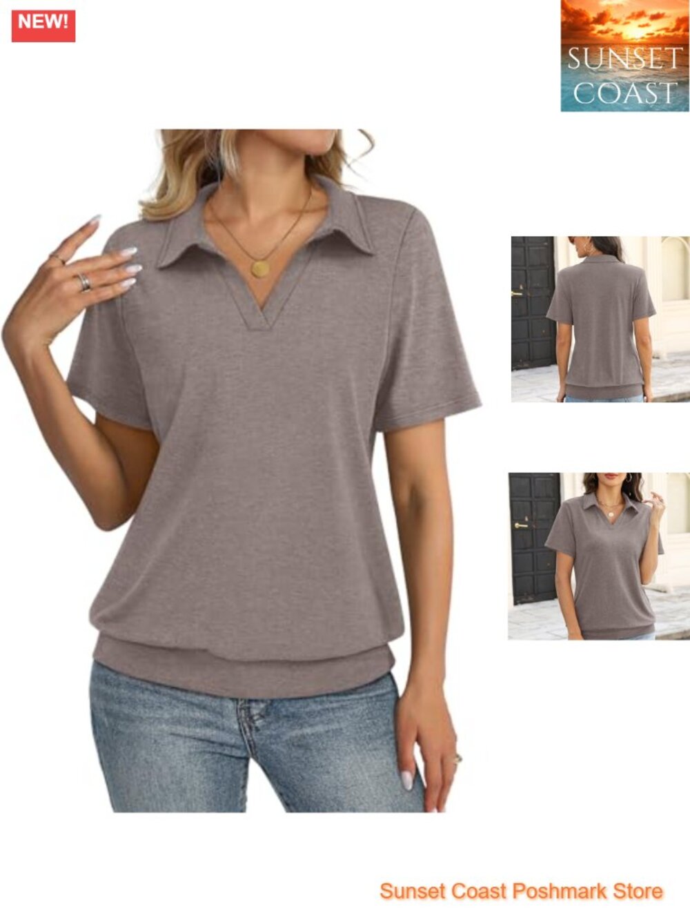 Women's Short Sleeve V-Neck Polo Shirt Banded Bottom Business Casual Top